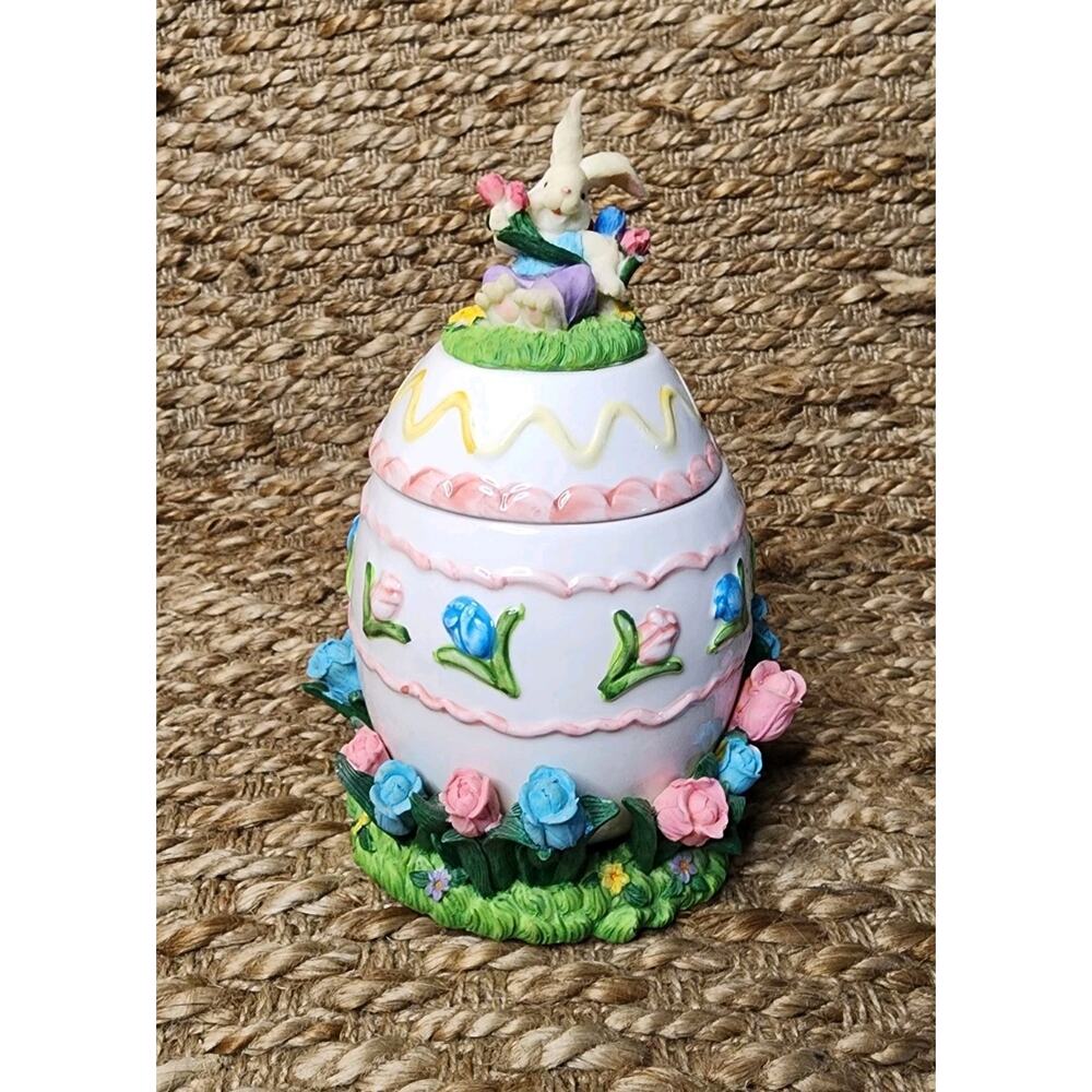 Long Rich Easter Egg Jar With Spring Flowers At Base 8.5" X 5" Holiday Decor